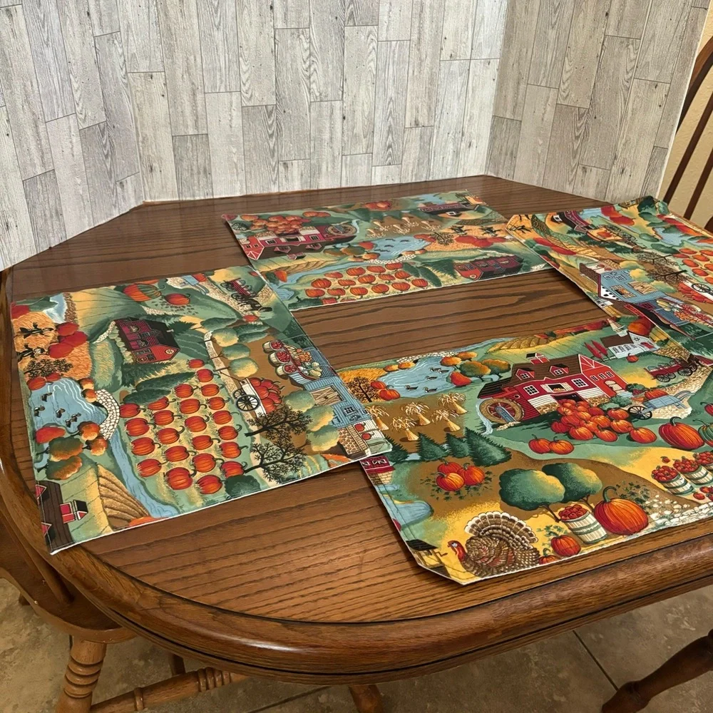 Placemats (4) Fabric, Thanksgiving,Country Farm, Farmhouse, Fall Foliage, Autumn